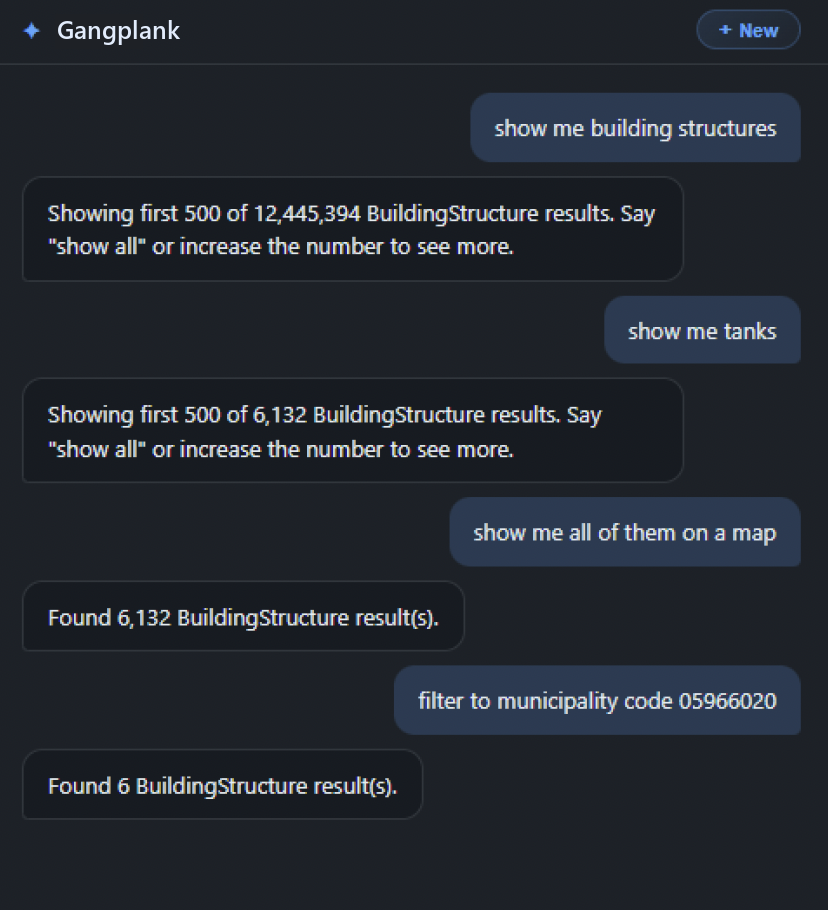 Gangplank's chat panel: a request for building structures returns 12,445,394 results, then narrows to tanks, then to a map, then to a single municipality code — six results.