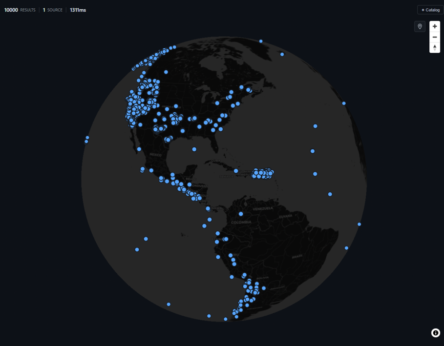 Gangplank's 3D globe view showing ten thousand seismic events returned from a single connected source, plotted worldwide.